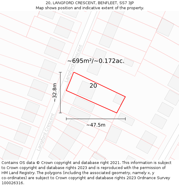 20, LANGFORD CRESCENT, BENFLEET, SS7 3JP: Plot and title map