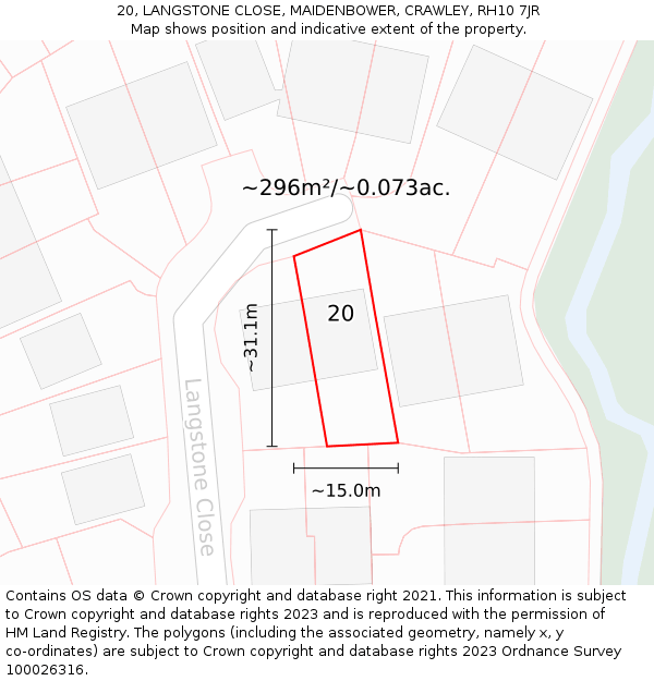 20, LANGSTONE CLOSE, MAIDENBOWER, CRAWLEY, RH10 7JR: Plot and title map