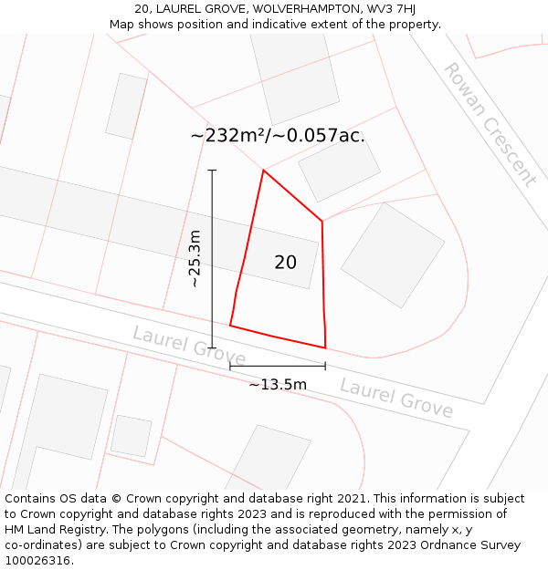 20, LAUREL GROVE, WOLVERHAMPTON, WV3 7HJ: Plot and title map