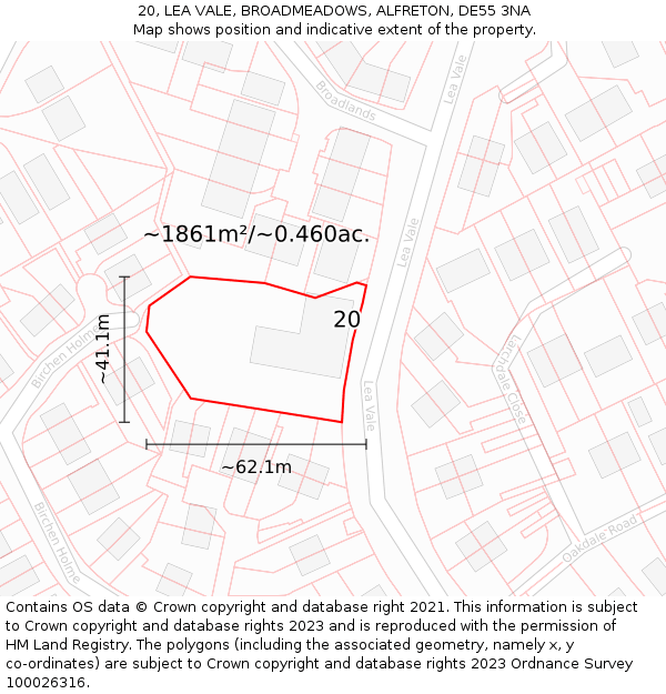 20, LEA VALE, BROADMEADOWS, ALFRETON, DE55 3NA: Plot and title map
