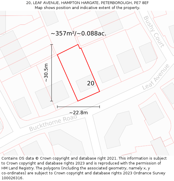 20, LEAF AVENUE, HAMPTON HARGATE, PETERBOROUGH, PE7 8EF: Plot and title map