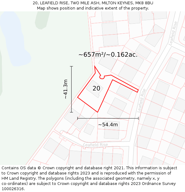 20, LEAFIELD RISE, TWO MILE ASH, MILTON KEYNES, MK8 8BU: Plot and title map
