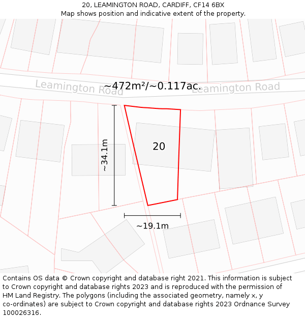 20, LEAMINGTON ROAD, CARDIFF, CF14 6BX: Plot and title map