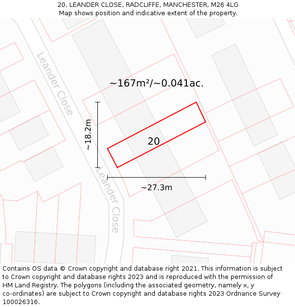 20, LEANDER CLOSE, RADCLIFFE, MANCHESTER, M26 4LG: Plot and title map