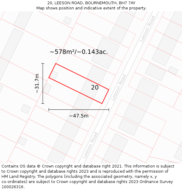 20, LEESON ROAD, BOURNEMOUTH, BH7 7AY: Plot and title map