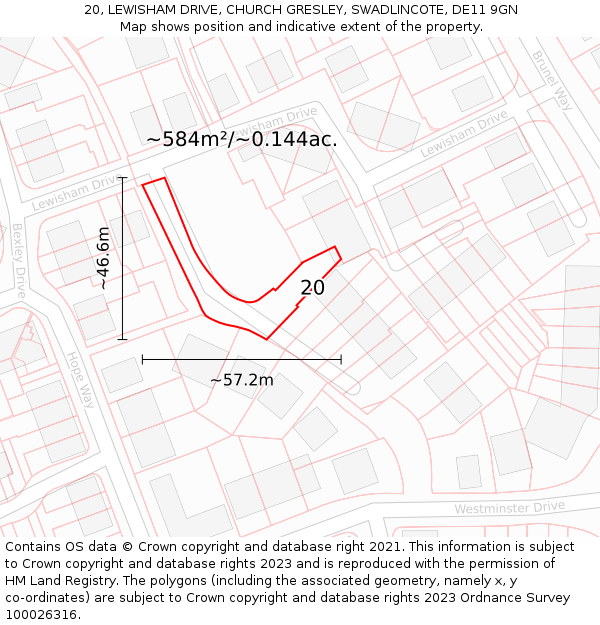 20, LEWISHAM DRIVE, CHURCH GRESLEY, SWADLINCOTE, DE11 9GN: Plot and title map