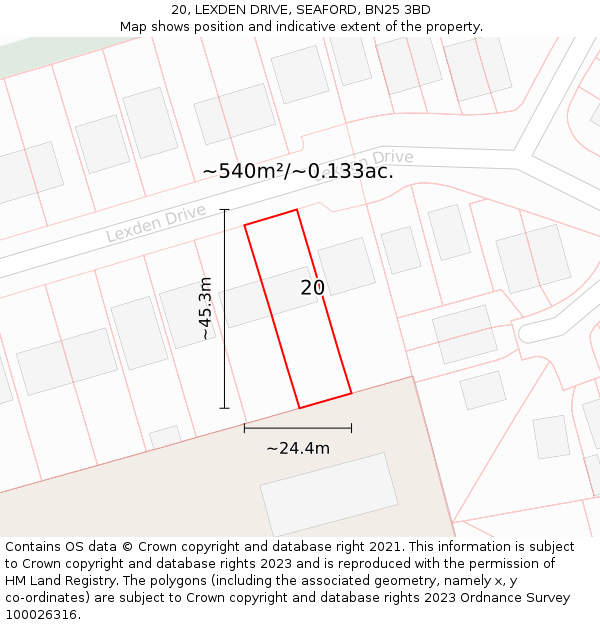20, LEXDEN DRIVE, SEAFORD, BN25 3BD: Plot and title map