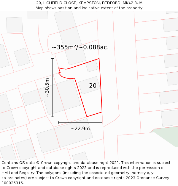20, LICHFIELD CLOSE, KEMPSTON, BEDFORD, MK42 8UA: Plot and title map