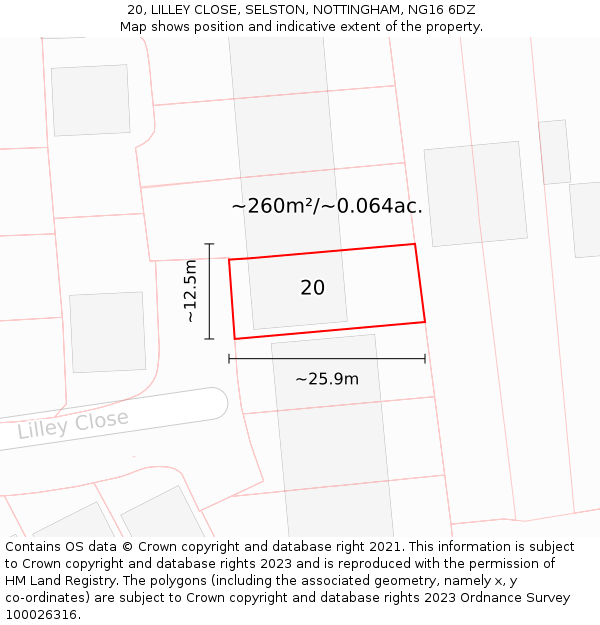 20, LILLEY CLOSE, SELSTON, NOTTINGHAM, NG16 6DZ: Plot and title map