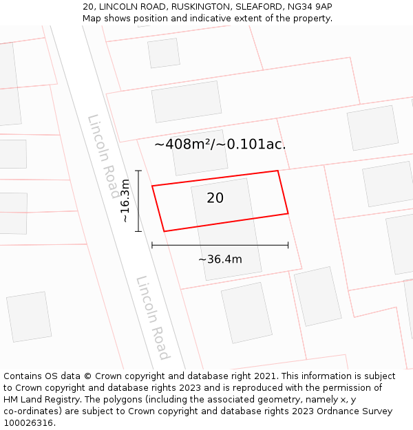 20, LINCOLN ROAD, RUSKINGTON, SLEAFORD, NG34 9AP: Plot and title map