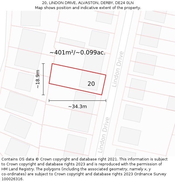 20, LINDON DRIVE, ALVASTON, DERBY, DE24 0LN: Plot and title map