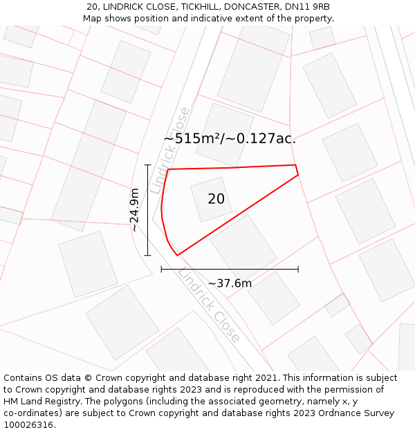 20, LINDRICK CLOSE, TICKHILL, DONCASTER, DN11 9RB: Plot and title map