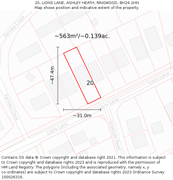 20, LIONS LANE, ASHLEY HEATH, RINGWOOD, BH24 2HN: Plot and title map