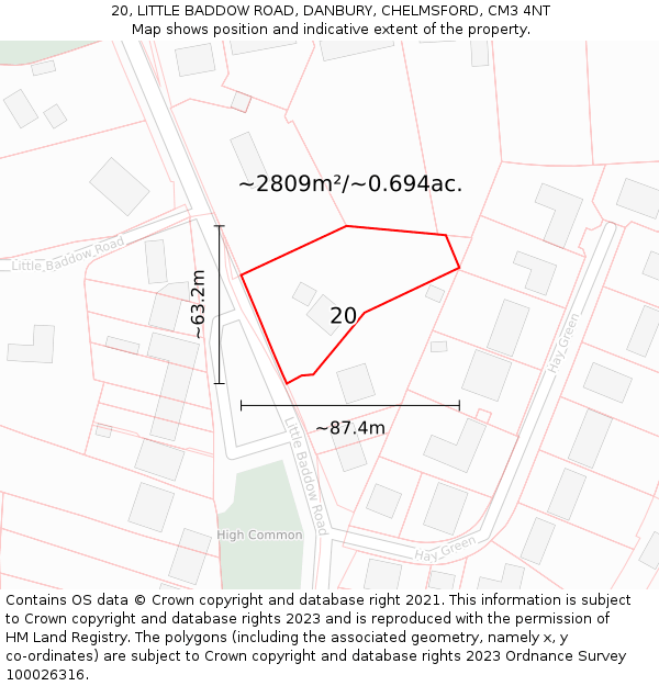 20, LITTLE BADDOW ROAD, DANBURY, CHELMSFORD, CM3 4NT: Plot and title map
