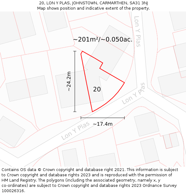 20, LON Y PLAS, JOHNSTOWN, CARMARTHEN, SA31 3NJ: Plot and title map