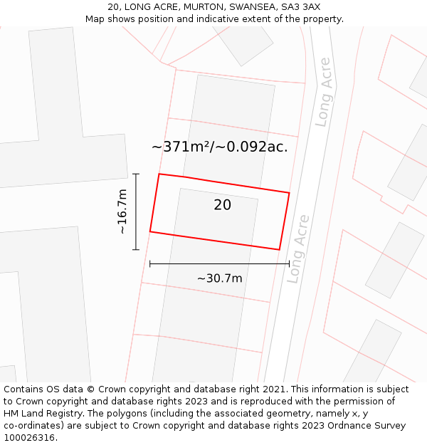 20, LONG ACRE, MURTON, SWANSEA, SA3 3AX: Plot and title map