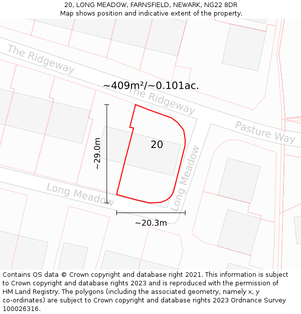 20, LONG MEADOW, FARNSFIELD, NEWARK, NG22 8DR: Plot and title map
