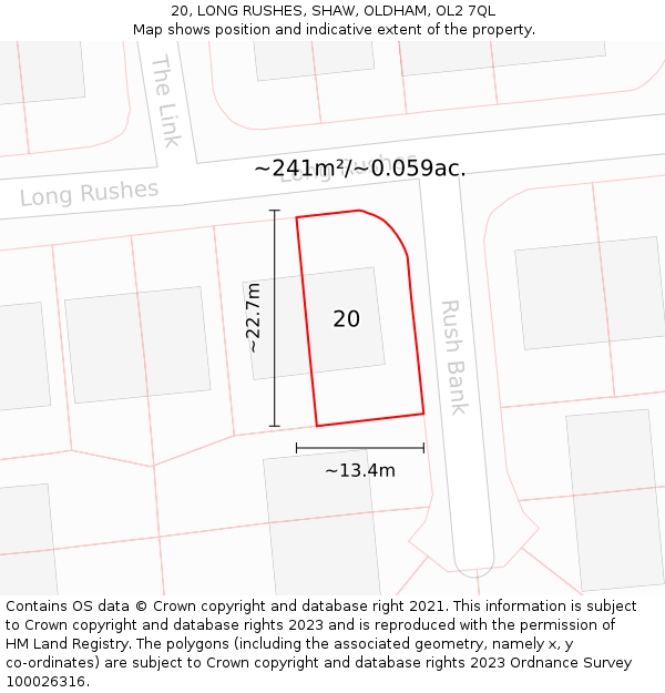 20, LONG RUSHES, SHAW, OLDHAM, OL2 7QL: Plot and title map