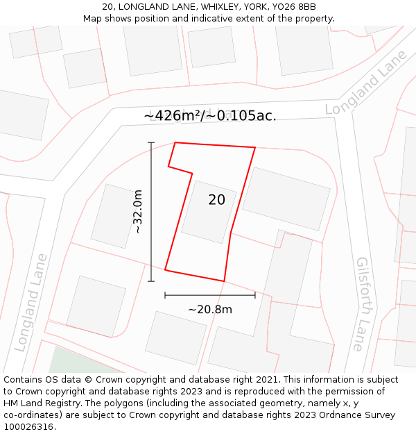 20, LONGLAND LANE, WHIXLEY, YORK, YO26 8BB: Plot and title map