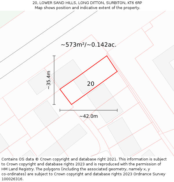 20, LOWER SAND HILLS, LONG DITTON, SURBITON, KT6 6RP: Plot and title map