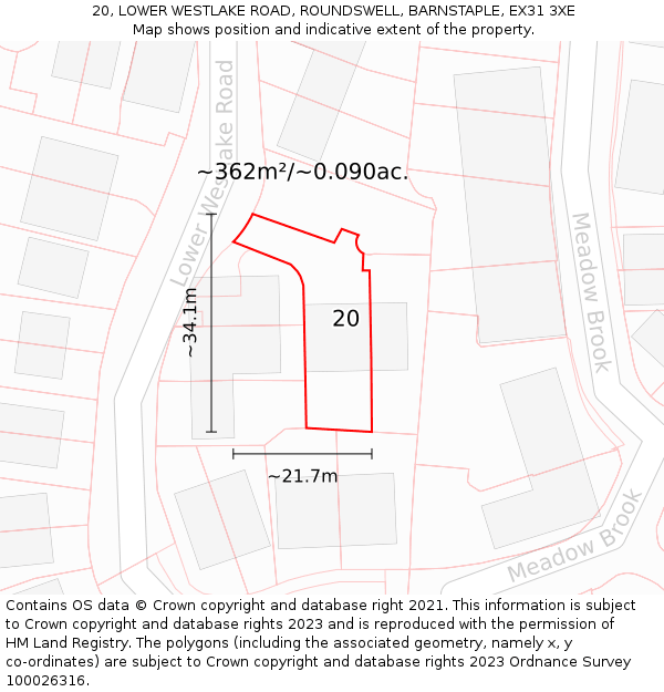 20, LOWER WESTLAKE ROAD, ROUNDSWELL, BARNSTAPLE, EX31 3XE: Plot and title map