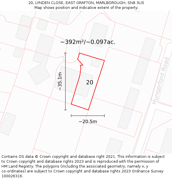 20, LYNDEN CLOSE, EAST GRAFTON, MARLBOROUGH, SN8 3US: Plot and title map