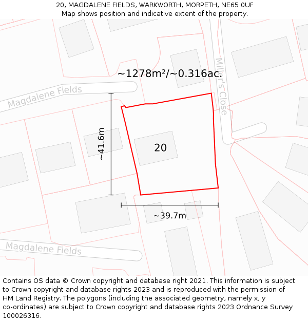 20, MAGDALENE FIELDS, WARKWORTH, MORPETH, NE65 0UF: Plot and title map