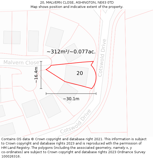 20, MALVERN CLOSE, ASHINGTON, NE63 0TD: Plot and title map