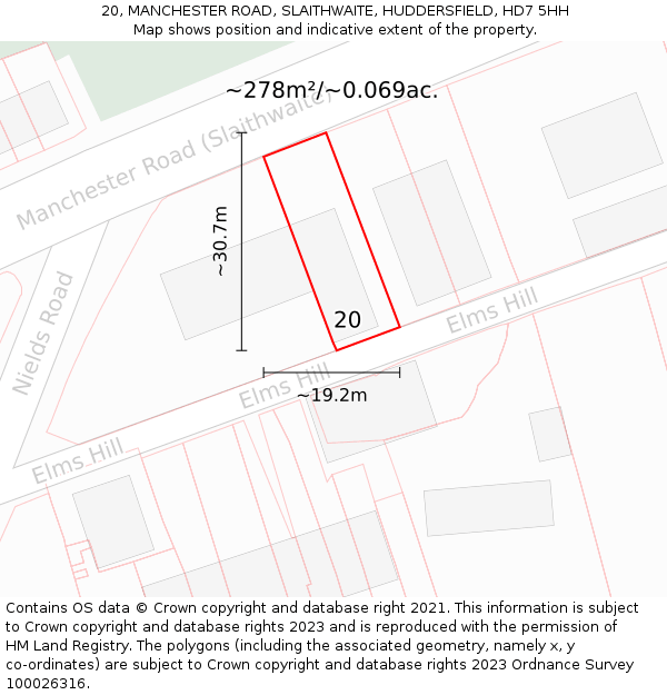 20, MANCHESTER ROAD, SLAITHWAITE, HUDDERSFIELD, HD7 5HH: Plot and title map