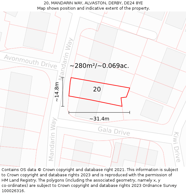 20, MANDARIN WAY, ALVASTON, DERBY, DE24 8YE: Plot and title map