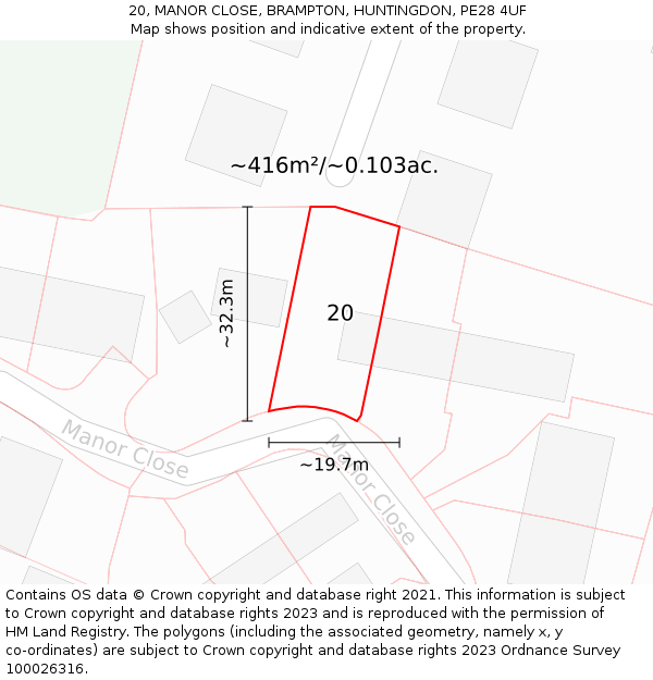 20, MANOR CLOSE, BRAMPTON, HUNTINGDON, PE28 4UF: Plot and title map