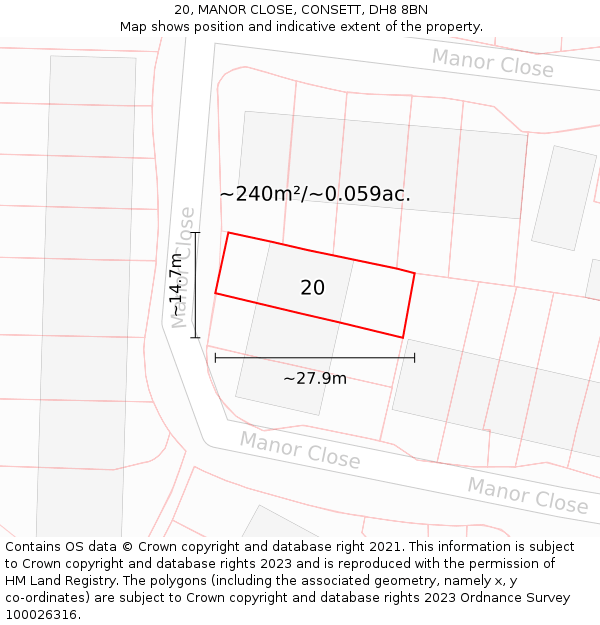 20, MANOR CLOSE, CONSETT, DH8 8BN: Plot and title map