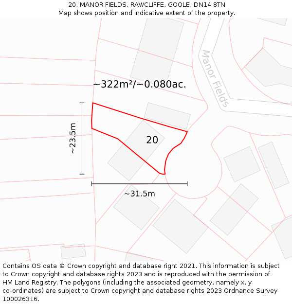 20, MANOR FIELDS, RAWCLIFFE, GOOLE, DN14 8TN: Plot and title map