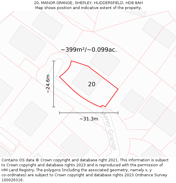 20, MANOR GRANGE, SHEPLEY, HUDDERSFIELD, HD8 8AH: Plot and title map