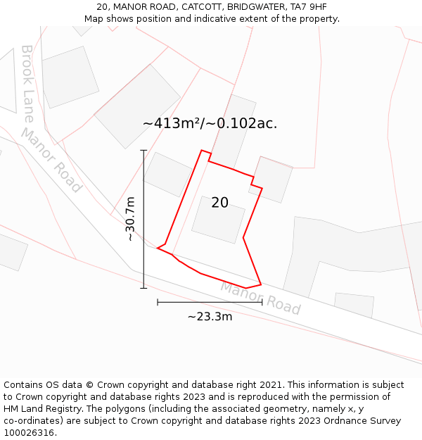 20, MANOR ROAD, CATCOTT, BRIDGWATER, TA7 9HF: Plot and title map