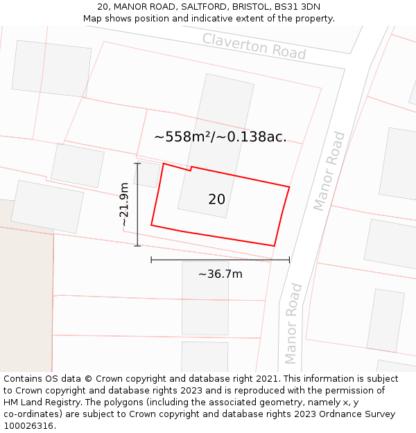 20, MANOR ROAD, SALTFORD, BRISTOL, BS31 3DN: Plot and title map