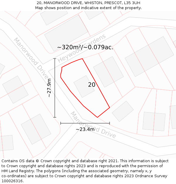 20, MANORWOOD DRIVE, WHISTON, PRESCOT, L35 3UH: Plot and title map