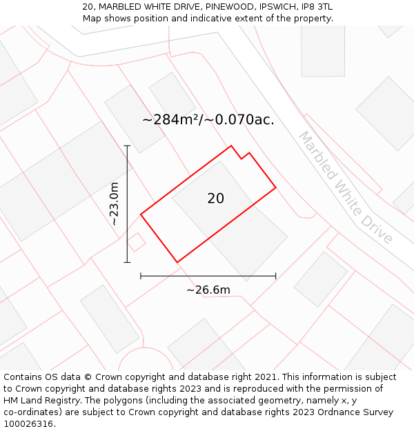 20, MARBLED WHITE DRIVE, PINEWOOD, IPSWICH, IP8 3TL: Plot and title map