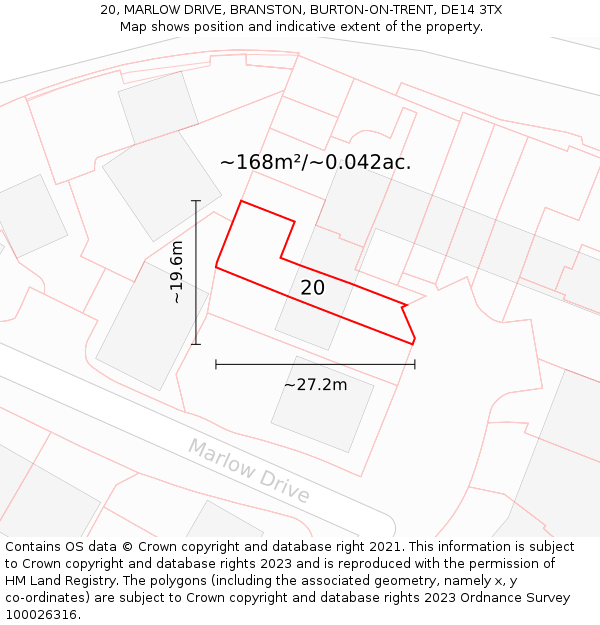 20, MARLOW DRIVE, BRANSTON, BURTON-ON-TRENT, DE14 3TX: Plot and title map