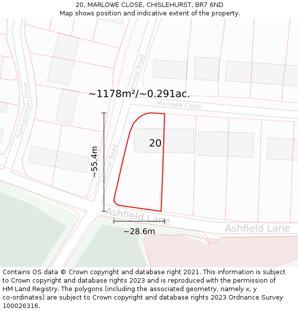 20, MARLOWE CLOSE, CHISLEHURST, BR7 6ND: Plot and title map