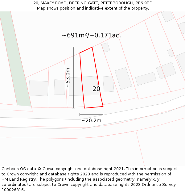 20, MAXEY ROAD, DEEPING GATE, PETERBOROUGH, PE6 9BD: Plot and title map