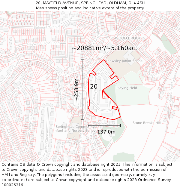 20, MAYFIELD AVENUE, SPRINGHEAD, OLDHAM, OL4 4SH: Plot and title map