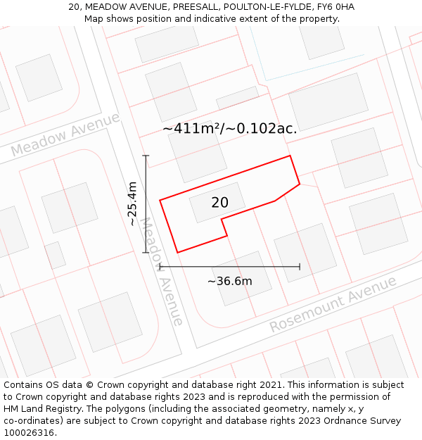 20, MEADOW AVENUE, PREESALL, POULTON-LE-FYLDE, FY6 0HA: Plot and title map