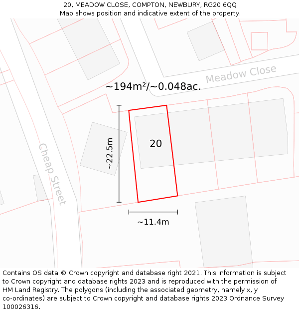 20, MEADOW CLOSE, COMPTON, NEWBURY, RG20 6QQ: Plot and title map