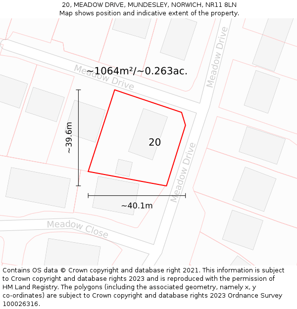 20, MEADOW DRIVE, MUNDESLEY, NORWICH, NR11 8LN: Plot and title map