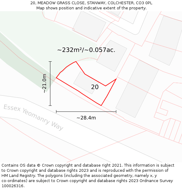 20, MEADOW GRASS CLOSE, STANWAY, COLCHESTER, CO3 0PL: Plot and title map