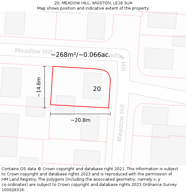 20, MEADOW HILL, WIGSTON, LE18 3UA: Plot and title map