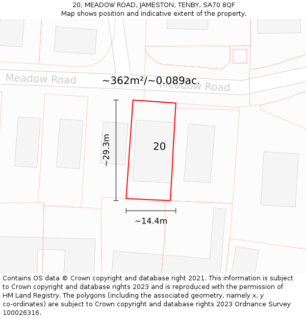 20, MEADOW ROAD, JAMESTON, TENBY, SA70 8QF: Plot and title map