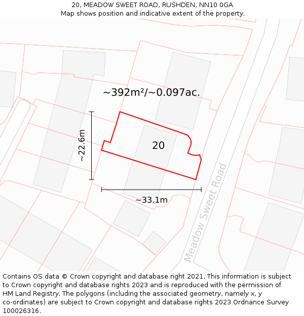 20, MEADOW SWEET ROAD, RUSHDEN, NN10 0GA: Plot and title map