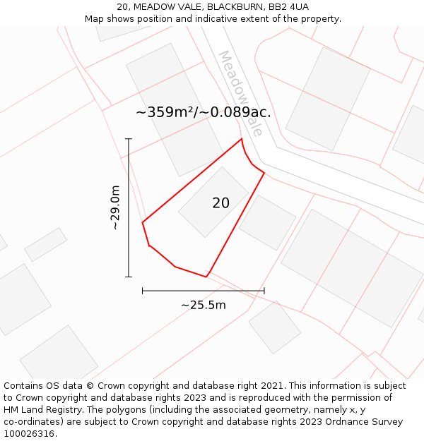20, MEADOW VALE, BLACKBURN, BB2 4UA: Plot and title map